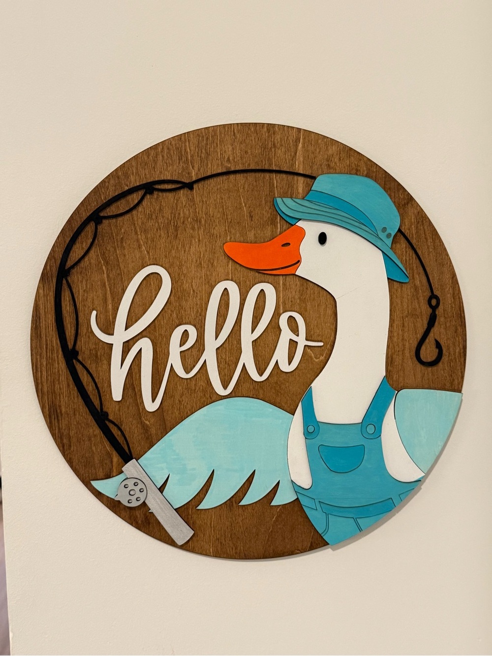 Hello Fishing Goose Wall Sign - Teal & White